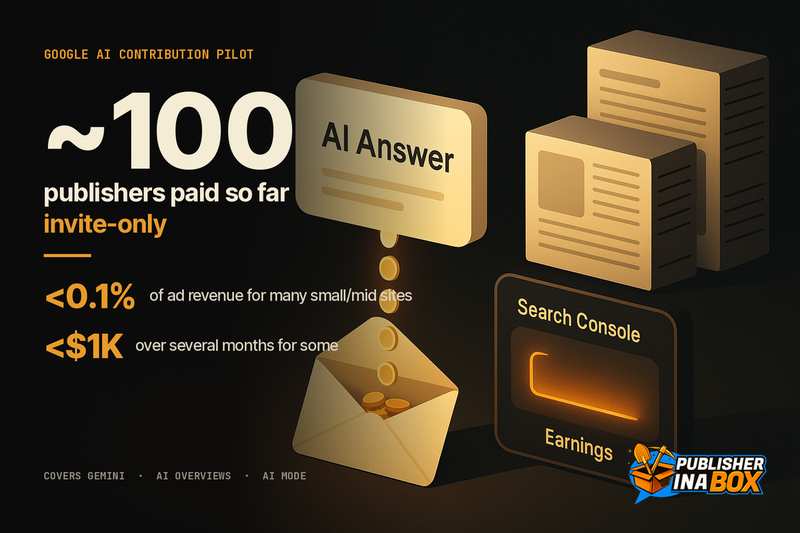 Google AI contribution pilot: about 100 publishers paid. Several small and midsize sites under 0.1% of ad revenue. Some under $1,000 over several months. One early niche winner reported over $1M/year. A later entrant about $50,000 to $60,000 so far.