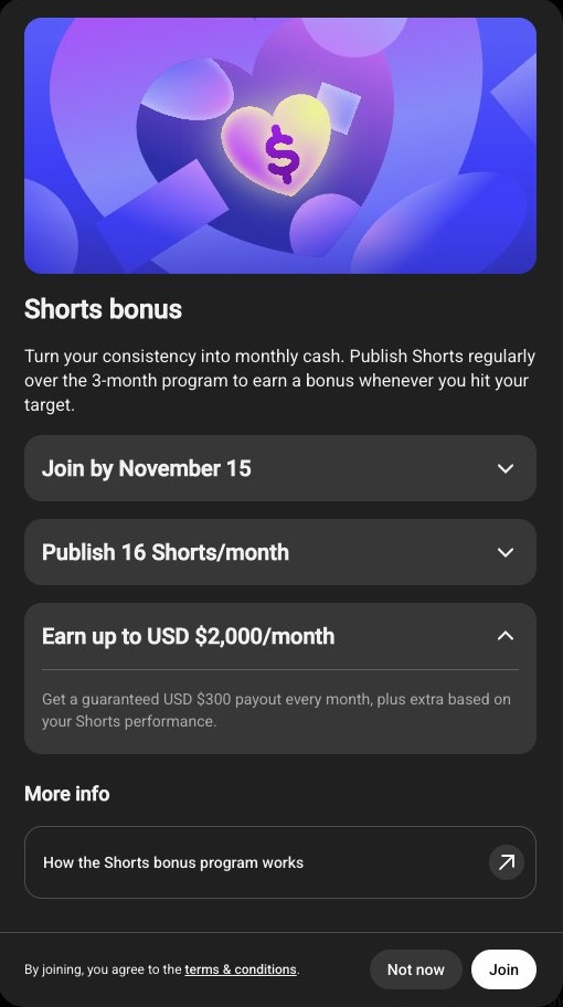 YouTube Studio Shorts bonus invite: join by November 15, publish 16 Shorts a month, earn up to USD 2,000 a month with a guaranteed USD 300 payout every month plus extra based on Shorts performance.